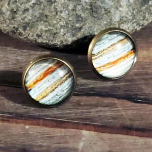 Handcrafted Antique Brass Jupiter Planet Astronomy Glass Cabochon Stud Earrings